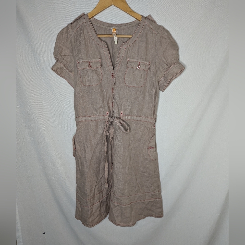 MAEVE Sz 0 Anthropologie 100% Linen Taupe Shirt Dress Pockets Safari Boho